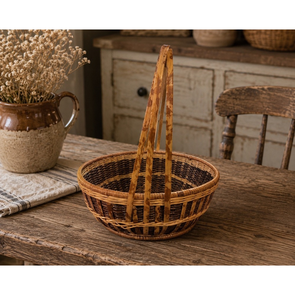 Vintage Two Tone Wicker‎ Basket Round Handwoven Arched Handle 12x9x9 Brown